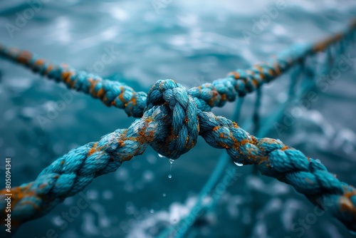 A vivid image capturing a blue rope knot with water droplets, evoking strength, connection and resilience