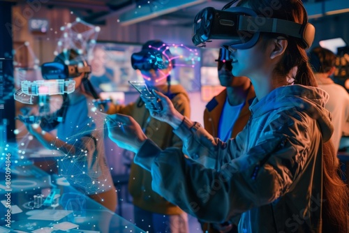 In a bustling tech hub, diverse groups of people collaborate using augmented reality workspaces, their ideas materializing in mid-air as they sculpt the next generation of gadgets and gizmos