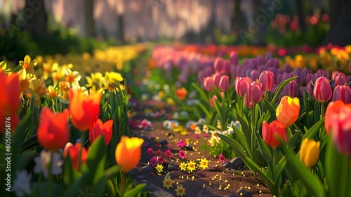  A symphony of colors as you stroll amidst rows of tulips and daffodils, their sweet fragrance perfuming the air in a spring garden sanctuary. 