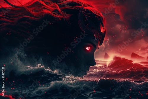 The magic evaporates with a sinister aura, forming a menacing Ariel with glowing red eyes and sharp features, amidst a stormy sea under a blood-red sky