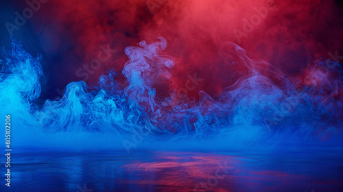 Swirling vivid blue smoke above a deep red floor, creating a misty and surreal atmosphere.