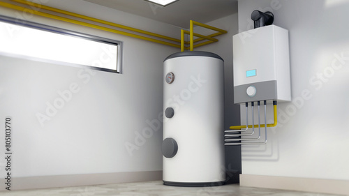 Electric water heaters connected with industrial water pipes. 3D illustration