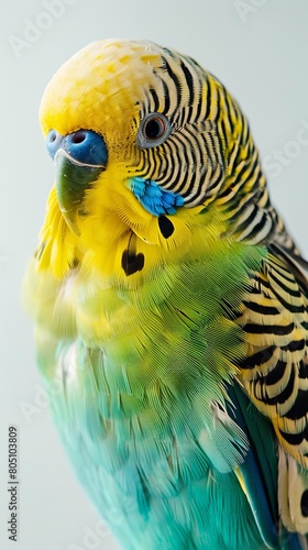 A parakeet with blue and yellow feathers is looking at the camera