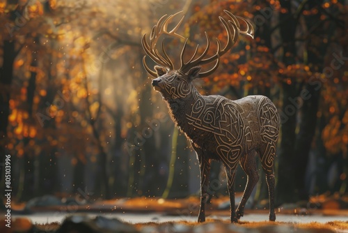  3D digital art piece in the Celtic art style, depicting a majestic stag standing proudly in a forest . The bold strokes and fine details of design should be complemented by a texture background