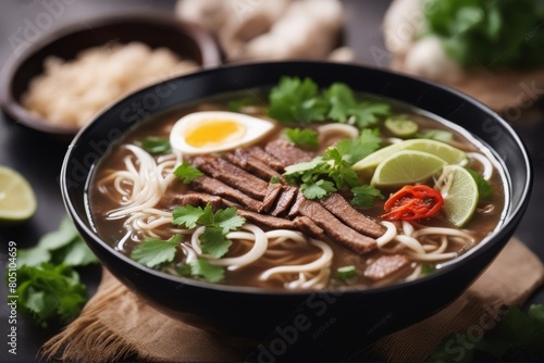 vietnamese beef soup pho vietnam dish bowl food asian chicken onion meal coriander basil table rare pepper slice delicious white diet soy lime culture cilantro bean broth ethnic chopstick'