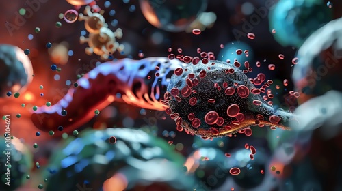A macro 3D illustration of a biomechanical pancreas that uses mechanical regulators and plant enzymes to control insulin levels, presented in a medical research context.