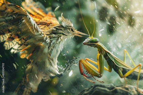 Digital painting, featuring a Songbird engaged in a fierce battle with a Praying Mantis. The collage should showcase detailed bird feathers and Praying Mantis anatomy