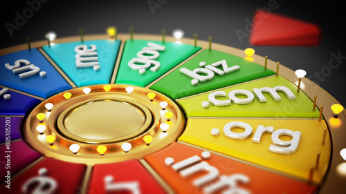 Domain name extensions on prize wheel. 3D illustration