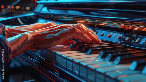 Closeup of hands playing a piano keyboard, focusing on the technical skill of musicianship