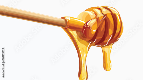 Honey pouring from wooden dipper on white background