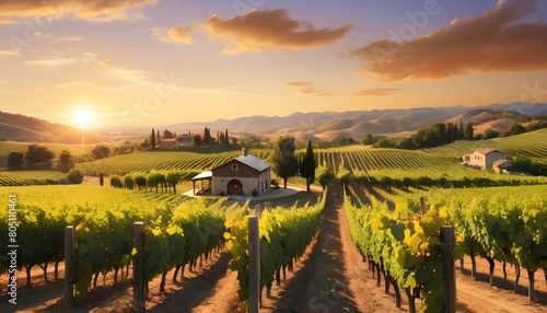 A Picturesque And Photorealistic Vineyard At Sunse