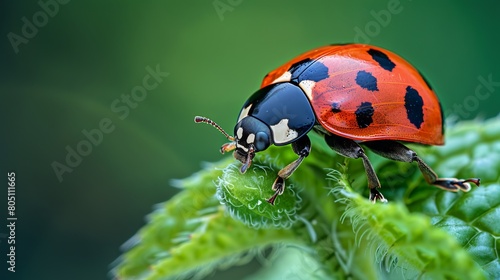 A macro shot reveals a red ladybug with black spots gripping tightly to a green plant bud