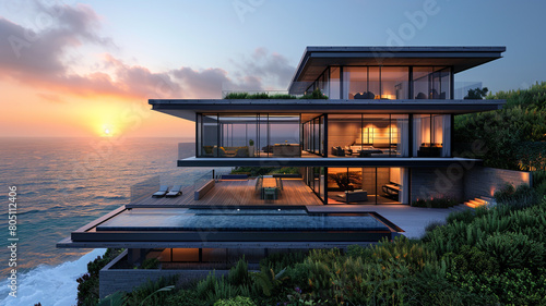 A contemporary coastal residence with glass walls and a cantilevered balcony, offering uninterrupted views of the sunrise over the ocean.