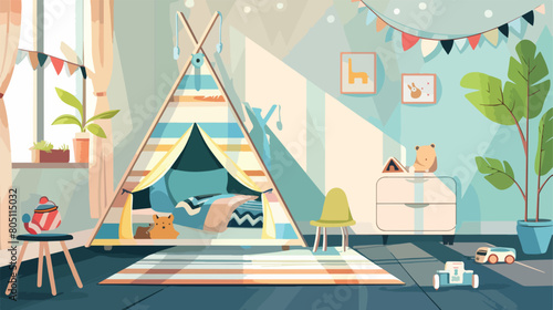 Interior of childrens room with play tent and bed Vector
