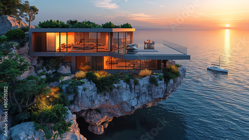 A modernist glass house with cantilevered balconies, perched on the edge of a cliff overlooking a tranquil bay, where sailboats drift lazily on calm waters.