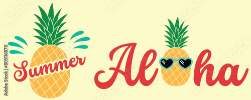 Hello summer, beach, aloha. Set of inspirational quotes. Modern calligraphy phrases with hand drawn cute pineapple. Vector lettering for print, tshirt, poster.
