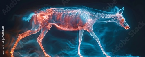 The image shows a skeleton of a horse with its muscles and tendons highlighted. The image is in blue and orange.