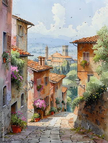 Florence streets with windows and houses and flowers in watercolor style