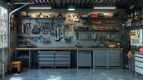 Clean and organized garage with tools hyper realistic 