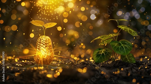 3D golden glass peanuts, emerald green stems and leaves sprouting golden buds that swirl around. Glowing lights illuminate the pond at night. The background has golden water drops, like a crystal