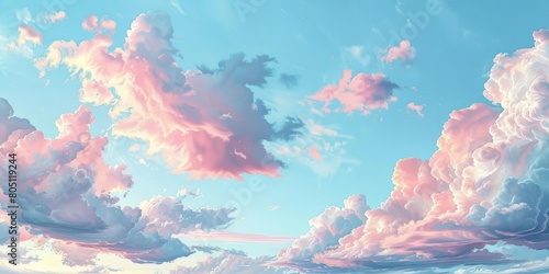 A beautiful anime-style sky with pink and blue clouds.