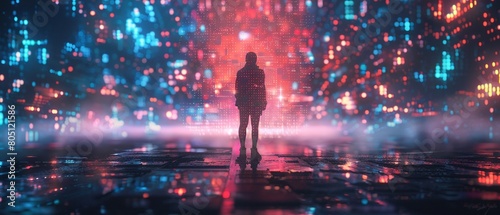 The explorers holographic outfit and the pixelated backdrop combine to create a visually stunning and immersive experience 8K , high-resolution, ultra HD,up32K HD