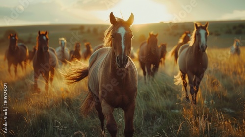 Horse Herd Galloping Across Sun-Kissed Pastures on a Summer Day, Enveloped in Radiant Beauty and Natural Splendor