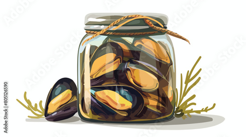 Jar with pickled mussels on white background Vector style