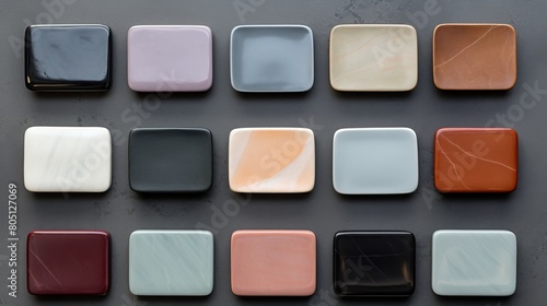 A neat arrangement of minimalist ceramic soap dishes, each containing a different colored soap bar, on a slate background,