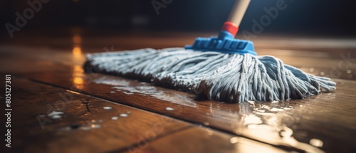 Close-up of a wet mop head and a trail of clean floor behind it, emphasizing the texture and dampness,