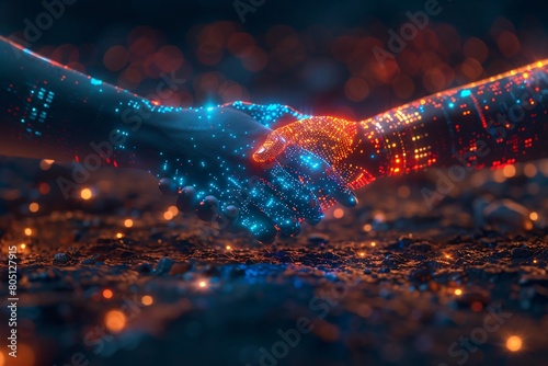 Digital Handshake, glowing connection between users and support avatars, symbolizing the collaborative nature of tech support.