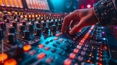 A person's hand adjusting a sound mixing console with several knobs and buttons 