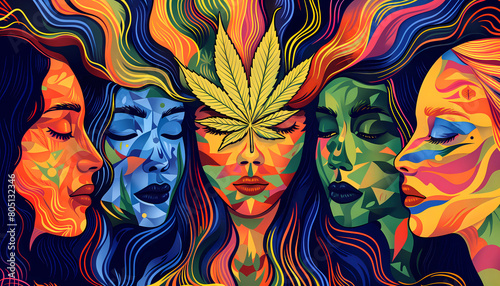 abstract surreal colorful psychedelic trippy background with a marijuana or marihuana leaf and happy consumer faces, weed, drug, wallpaper art or artwork, hashish or hash, thc legalization