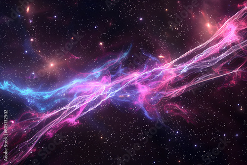 Vibrant neon stars and comet trails in a mesmerizing galaxy. Stunning abstract art on black background.