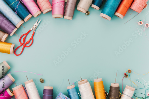 photo on elegant solid background of sewing tools, sewing accessories, sewing threads, thread spools, needles, pins