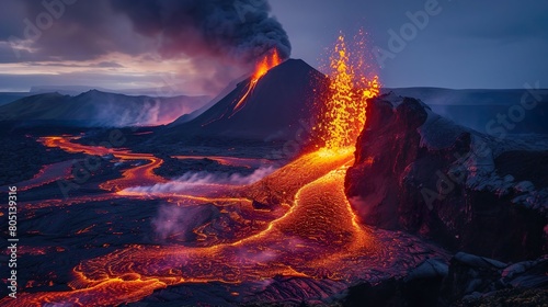Volcano eruption with Explosion smoke lava fire Natural disaster volcanic hazards.