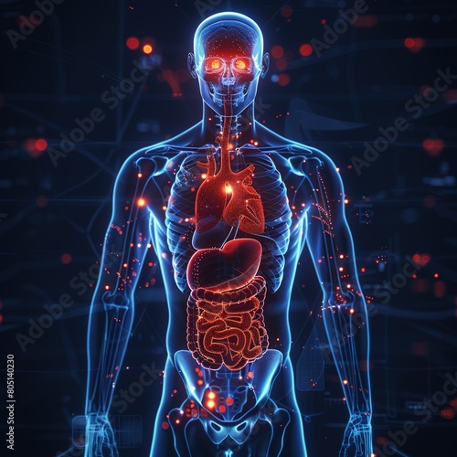 Transparent full body x ray illustration showing all organ systems, essential tool for physiology and biology