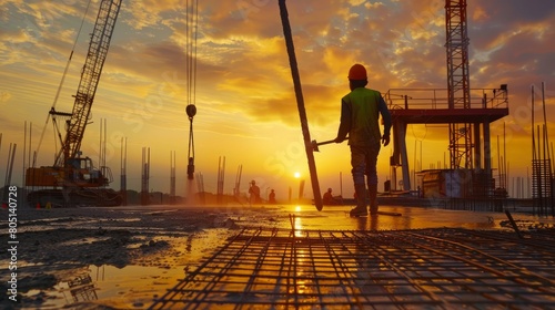 A construction worker control a pouring concrete pump on construction site and sunset background. Generative AI