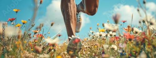 close-up of the legs of a male athlete running across a field of flowers