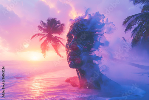 Digital artwork of a face blending with a dreamy beach sunset and swaying palms