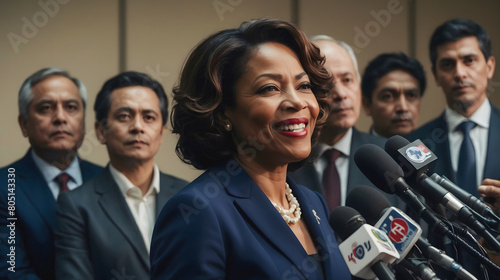 Afro American woman politician at press conference talking into microphones of mass media. Woman leader, political campaign and briefing concept