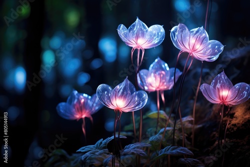 Glowing Garden Countdown: Bioluminescent flowers in a secret garden revealing the time until the blooming of a rare blossom.