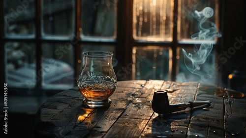 A glass of whiskey and a pipe stand on an old brown wooden table and table across the window. A slightly dim light enters the environment from the window and illuminates the table.