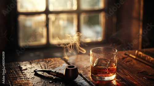 A glass of whiskey and a pipe stand on an old brown wooden table and table across the window. A slightly dim light enters the environment from the window and illuminates the table.