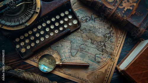 Writer's desk with a retro style typewriter, a fountain pen, an old map, a magnifying glass and a book with a leather cover on the old brown wooden table.