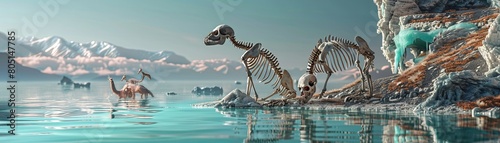 A chilling visual of animal skeletons near a vanishing glacial lake, underscoring the effects of climate change