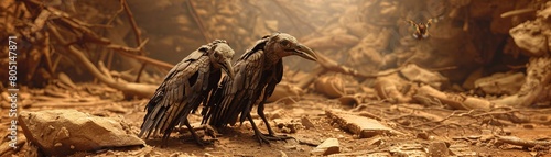 A haunting scene of bird skeletons in a barren, dry landscape, symbolizing biodiversity loss