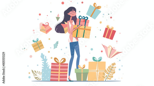 Happy woman holds stack of gift boxes. Smiled girl wi