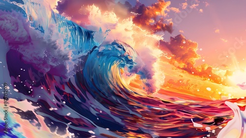 Colorful Ocean Wave. Sea water in crest shape. Sunset light and on background