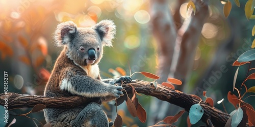 A koala is sitting on a branch in a forest